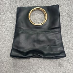 A New Day Faux Leather Gold Ring Top Handle Tote Bag Womens Black Pocket Classic